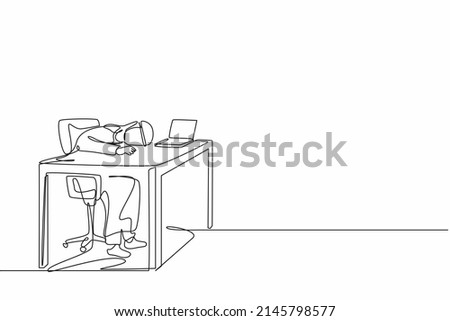 Single one line drawing exhausted sick tired Arabian male manager in office sad boring sitting with head down on laptop. Frustrated worker mental health problems. continuous line design graphic vector