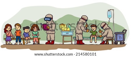 Special physicians doctor and scientist are examining group children which risk for contagious epidemic disease such as ebola or mers infection in military hospital quarantine zone, (cartoon vector)