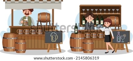 Market stall concept with beer and wine shop stall illustration
