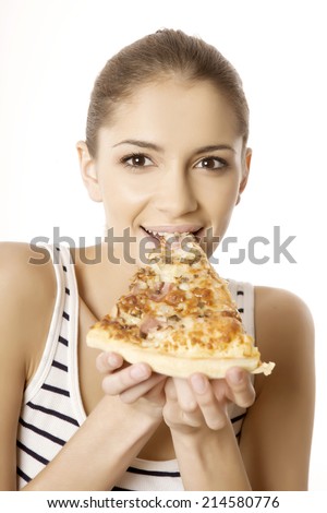Young adult beautiful brunette woman eat pizza isolated on white background