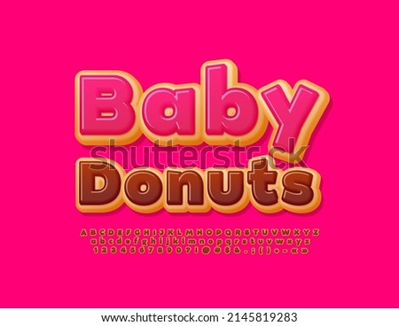 Vector sweet sign Baby Donuts with chocolate cake Font. Tasty set of Alphabet Letters, Numbers and Symbols