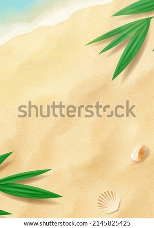 Flat lay with tropical leaves and seashells. Vector banner with beach sand, tropical plants, seashells and sea waves. Top view vector 3d ad illustration for promotion of summer goods. Royalty-Free Stock Photo #2145825425