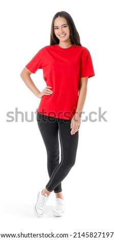 Pretty young woman in stylish t-shirt on white background