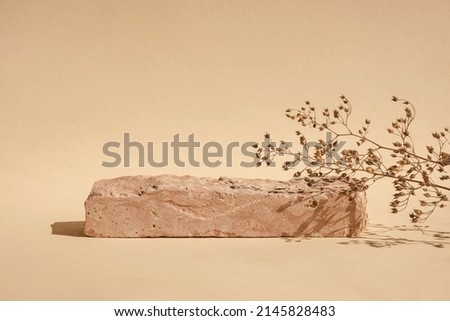 Stone Podium for promotion on beige Background. Natural pedestal. Two stone podiums with floral shadow. Beauty product mockup. Scene to show products. Showcase, display case. Front View Royalty-Free Stock Photo #2145828483