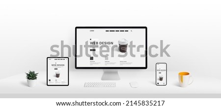 Responsive web page layout on computer, tablet and smart phone display Royalty-Free Stock Photo #2145835217