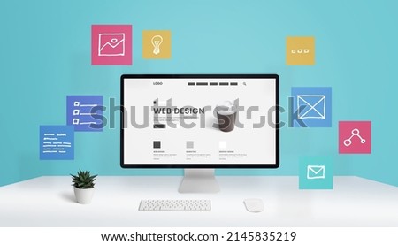 Website design, digital advertising agency concept with computer display and flying web page layout elements concept Royalty-Free Stock Photo #2145835219