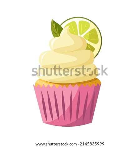 Cupcake with a slice of lemon isolated on white background. Vector cute cartoon illustration. Bakery shop, dessert, sweet products, cooking.