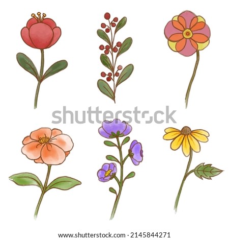 Set of Separate parts and bring together to beautiful bouquet of flowers in water colors style on white background, flat vector illustration