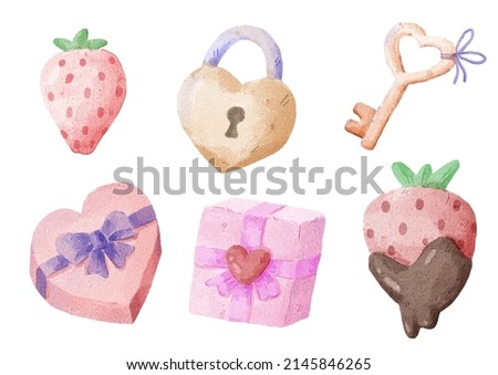 Watercolor elements for graphic designers to make artwork, including strawberries, hearts, keys, padlocks, gift boxes, chocolates. 