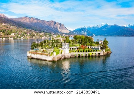 Isola Bella and Stresa town aerial panoramic view. Isola Bella is one of the Borromean Islands of Lago Maggiore in north Italy. Royalty-Free Stock Photo #2145850491