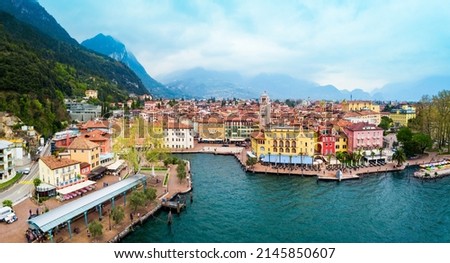 Riva del Garda aerial panoramic view. Riva is a town at the northern tip of the Lake Garda in the Trentino Alto Adige region in Italy. Royalty-Free Stock Photo #2145850607