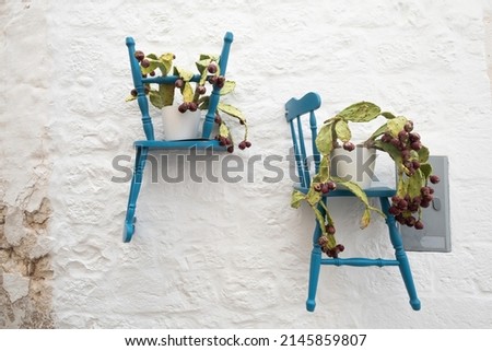 October 2021- Blue chairs on a white wall with flower pots.   Typical white houses in the village of Ostuni, Puglia, Italy