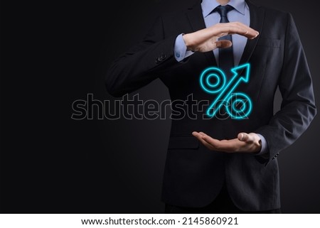 Increasing percentage icon.Profit high growth arrow and percent icon.profit increase arrow up symbol.Interest rate, stocks, financial, ranking, mortgage rates and Cut up concept.The economy improving