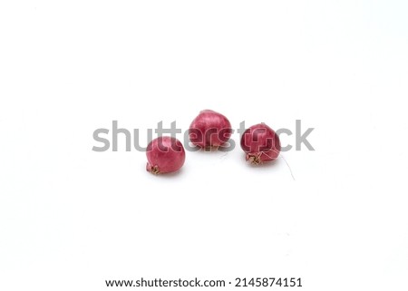 Red Onion slices raw ingredients cooking. Purple sliced onions cut half chopped isolated on white background