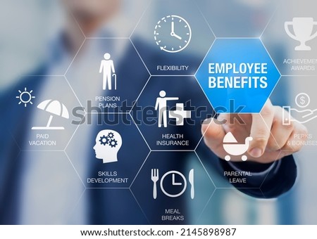 Employee benefits compensation package with health insurance, paid vacation, pension plans, parental leave, perks and bonuses. Payroll reward management and social security. Human resources concept. Royalty-Free Stock Photo #2145898987