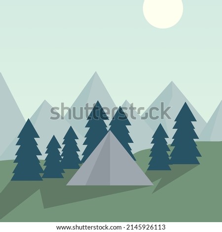 Tent in nature, forest in front of mountains