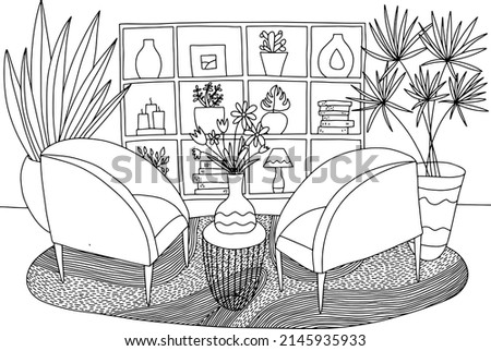 Living room interior coloring page. Cozy vector interior design living room. Coloring page for children and adults