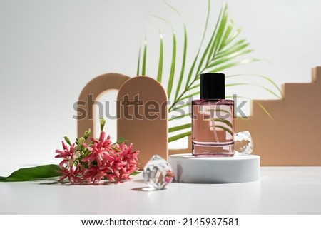parfum bottle on podium,background for product presentation Royalty-Free Stock Photo #2145937581