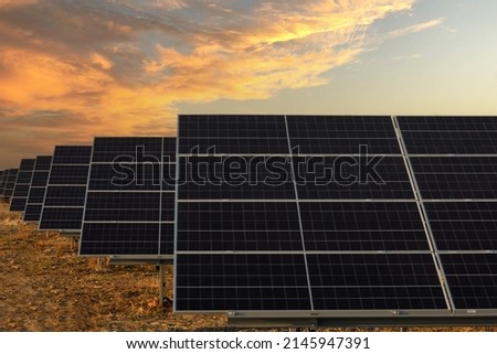 Pannel solar with full power on farm. Photovoltaic power generation, sunset . Row