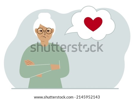 Sad grandmother thinks about love. In the balloon of thought is a red heart. Vector flat illustration