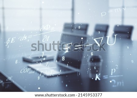 Creative scientific formula hologram on modern laptop background, research concept. Multiexposure