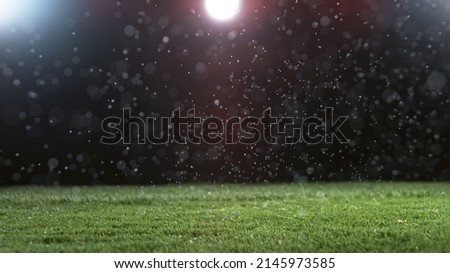 Close-up of Football Filed with Artificial Lighting, Rainy Weather with Fog.