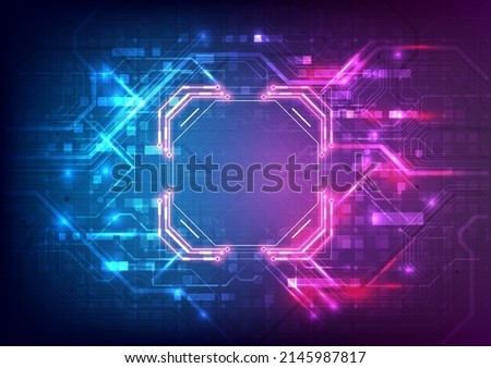 Abstract hardware and software background. Circuit board, Chip processor, Mainboard and code programmer. Hi-tech computer engineer. Pixels screen and database coding. Blue and pink neon light effect Royalty-Free Stock Photo #2145987817