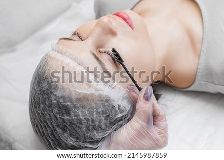Eyelash procedure with clinic master and a client in a beauty salon. close-up of the model's eye with a curl of cilia the work is done lamination of eyelashes the master combs the cilia with a brush Royalty-Free Stock Photo #2145987859