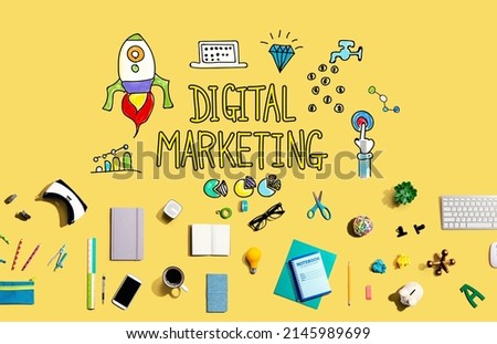 Digital marketing with collection of electronic gadgets and office supplies