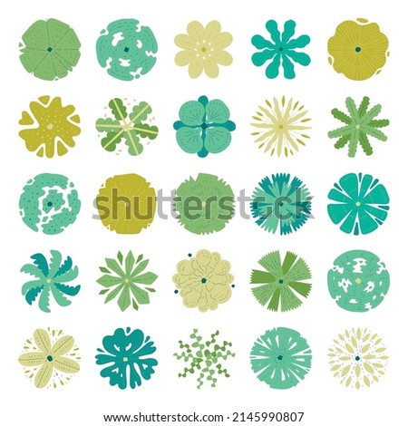 Hand drawn vector set of top view trees isolated on white background for landscape design or decoration.