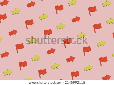 Colourful infographic arrow and flags showing abstract business success model on pink background with copy space. Marketing strategy ideas. Presentation signs. Pattern. 