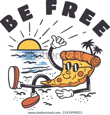 mascot character illustration of a slice of pizza relaxing on the beach.