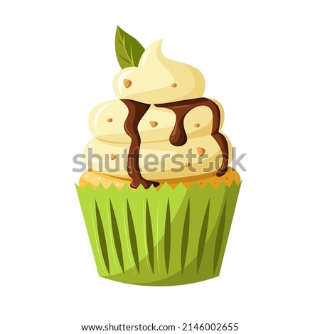 Cupcake with pistachios and mint leaves isolated on white background. Vector cute cartoon illustration. Bakery shop, dessert, sweet products, cooking.