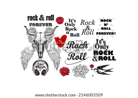 Rock and roll sketch doodles set. Lettering, drawings sketches with a black pen. Bull skull, roses, swallows.