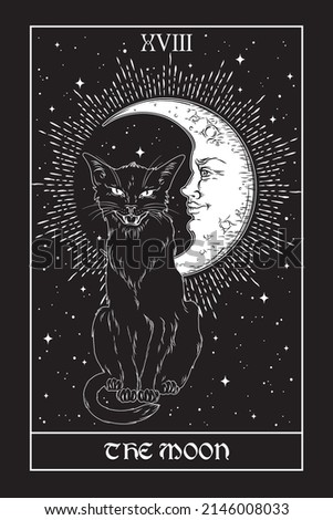 Tarot card The Moon black cat over night sky with moon and stars. Familiar spirit, halloween or pagan witchcraft theme print design vector illustration Royalty-Free Stock Photo #2146008033