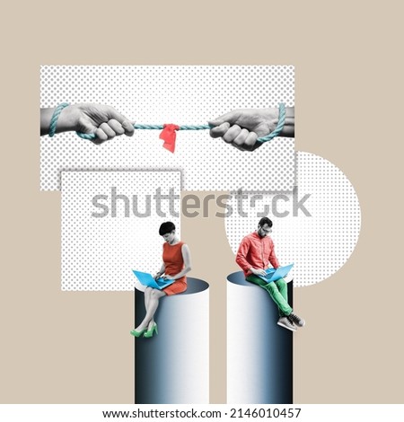 Competition between a man and a woman, gender equality. Art collage. Royalty-Free Stock Photo #2146010457
