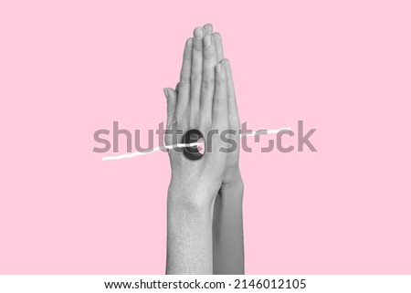 Modern surreal poster of human palms pray for ukraine connected with line isolated on pastel pink color background