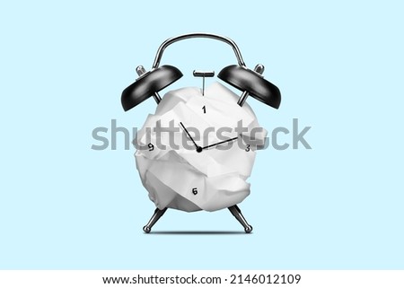 Time for work concept. Artistic poster of clock with crumpled face stand isolated on blue pastel color background