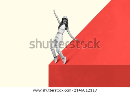 Bizarre weird banner of youngster lady stand on red cliff abyss feel childish isolated on colorful background Royalty-Free Stock Photo #2146012119