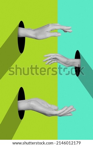 Artistic youngster culture collage of aesthetic person hands holding isolated vivid vibrant background