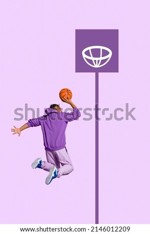 Creative art collage of guy jump win basket ball throwing ball in basket isolated violet color background