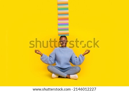 Modern sketch of scholar with textbook pile try balance free study time meditate om isolated on bright color background