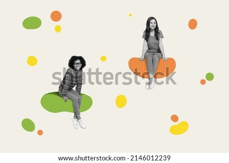 Creativity art composition of two ladies sit spots zero gravity fly isolated over pastel color background Royalty-Free Stock Photo #2146012239