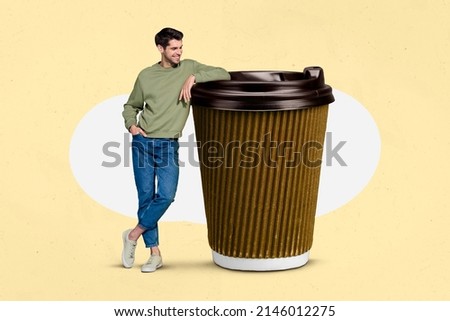 Artistic sketch collage of guy barista stand near hot caffeine mug beverage isolated pastel yellow color background Royalty-Free Stock Photo #2146012275