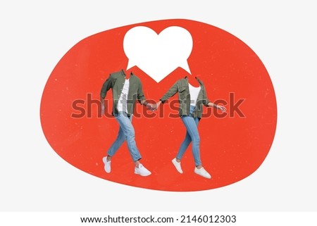 Concept of forever love. Modern collage guy lady with heart shape head walk honeymoon isolated on zine color background