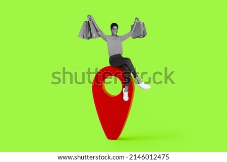 Image of red point GPS route app for people to find place with ethnicity girl on top showing new stuff buyings isolated over vivid color background