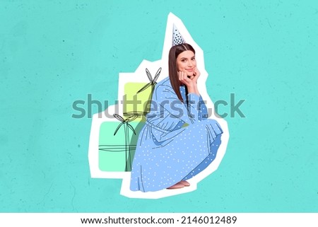 Picture of charming model sitting near big painted gift boxes pop art stylish poster banner isolated on psychedelic teal gradient background