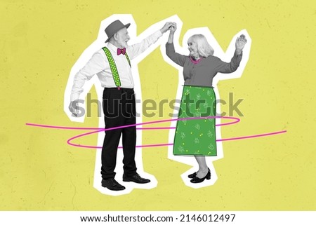 Painted photo image of senior funny couple dancing pensioner meeting discotheque silhouettes highlighted white shape over yellow pin up background
