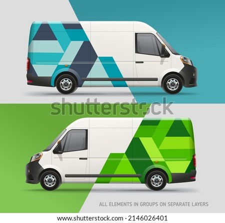 Editable Van Mock-up with green and blue branding design. Van with abstract corporate identity company. Abstract green graphics for delivery car, company van and racing car. Corporate Van Branding
