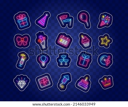 Birthday neon stickers collection. Party celebration icons pack. Social media items. Cupcake and present. Glass, calendar. Glowing effect item set. Editable stroke. Vector stock illustration